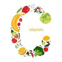 vitamine c bord met groenten en fruit letter c samenstelling verzameling van vitamine c bronnen gezond voedsel concept vector