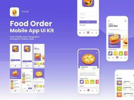 voedsel bestellen mobiel app ui uitrusting inclusief Log in, register, voedsel menu, reservering en onderhoud type recensie schermen. vector
