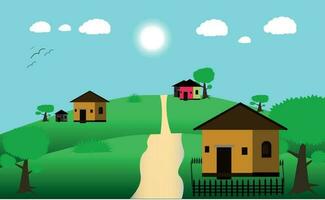 vector illustratie van een mooi huis en huis. landschap achtergrond , dorp stijl kleurrijk bomen groen gras blauw lucht. schattig gemakkelijk tekenfilm stijl