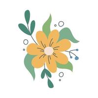 mooie schattige gele bloem met decoratieve plant elementen vector afbeelding in een vlakke stijl bloemendecor voor uitnodigingen briefkaarten stickers