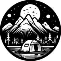 camping, zwart en wit vector illustratie