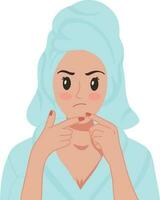 portret een vrouw met handdoek Aan haar hand- knallen puistjes acne huid illustratie vector