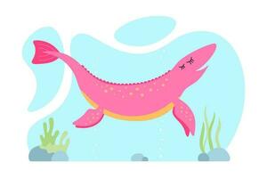 schattig roze dino. soort glimlachen ichthyosaurus dinosaurus karakter. tekenfilm groot uitgestorven marinier oude reptiel. creatief meisjesachtig ichthyosaurus. zwemmen aquatisch dieren in het wild prehistorisch schepsel. eps vector