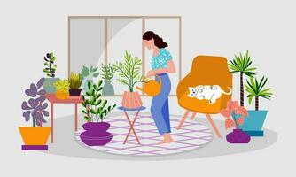 jong vrouw in comfortabel kleren Holding gieter kan en gieter huis planten in de kamer, kat is in de stoel. vector