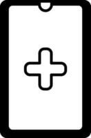 noodgeval telefoon telefoontje of gezondheidszorg app in smartphone zwart en wit icoon. vector