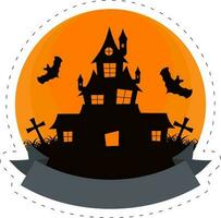 gelukkig halloween concept met achtervolgd achtervolgd huis met vliegend dier vleermuizen en begraafplaats nacht oranje circulaire achtergrond. vector