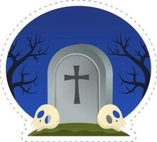 gelukkig halloween concept met grafsteen en menselijk schedels tegen nacht Woud blauw achtergrond. vector
