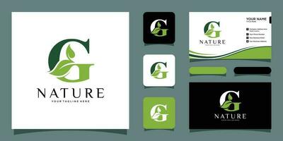 eerste brief g met blad luxe logo. groen blad logo met bedrijf kaart ontwerp premie vector