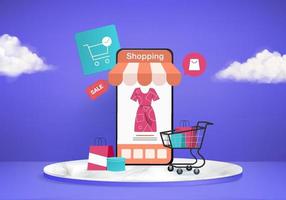 winkelen online winkel te koop mobiel e-commerce 3d blauwe achtergrond winkel online op mobiele app 24 uur winkelwagentje creditcard minimaal winkel online apparaat 3d vector weergegeven