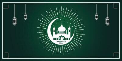 Ramadhan kareem en Islamitisch halve maan maan, moskee silhouet koepel met een kader patroon. premie vector
