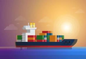 vrachtcontainerschip vervoert containers in de oceaan. vlakke en effen kleur stijl vectorillustratie vector