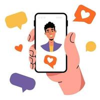 een menselijk hand- is Holding een smartphone. toewijzen een datum naar een Mens. bericht, correspondentie, liefde. dating app. vector