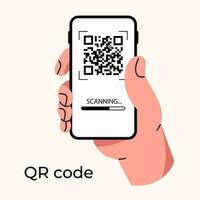 een menselijk hand- is Holding een smartphone. scannen de qr code. telefoon scherm en vingers. koppeling naar de website vector