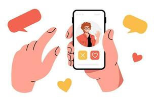 een menselijk hand- is Holding een smartphone. toewijzen een datum naar een Mens. bericht, correspondentie, liefde. dating app. vector