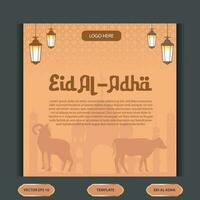 reeks eid al adha sociaal media post sjabloon. idul adha groet kaart vector illustratie met vector van offer dieren, en Arabisch ornamenten, moskeeën, lantaarns, moslims achtergrond