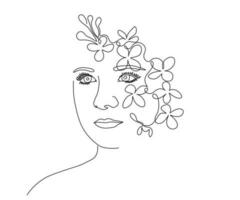 lijn tekening, vrouw gezicht tekening, mode, haar- salon, spa, minimalistische vrouw schoonheid. abstract bloemen pastel kleuren. een hand getekend tekening in een lijn. vector portret illustratie