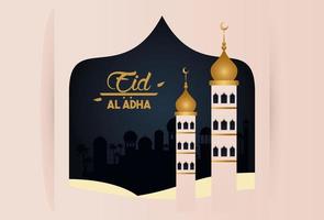 eid al adha-vieringskaart met moskeetorens vector