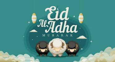 eid al adha banier met offer schapen lantaarn sterren en wolken illustratie vector