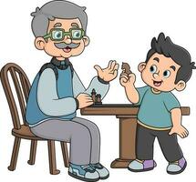 een opa geeft les zijn kleinzoon naar Speel strategisch schaak vector