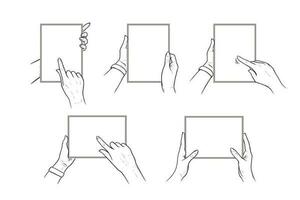 handen Holding tablet met vinger richten in touch screen. reeks van tablets in handen van een menselijk. vector illustratie geïsoleerd in wit achtergrond