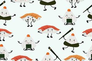 naadloos patroon van sushi en onigiri. verschillend Aziatisch keuken met kawaii emoties. vector illustratie in tekenfilm stijl. vector