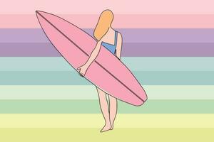 doorlopend tekening van een surfer meisje met een surfplank, tekening van een single lijn van een surfer meisje. vector illustratie