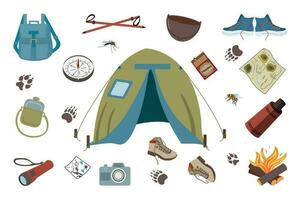 een reeks van symbolen en badges van wandelen apparatuur. een reeks voor hiking. vector illustratie.