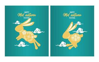 gelukkige medio herfst belettering kaart met gouden konijnen en wolken vector