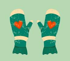 wanten vlak illustratie met harten. winter handschoenen en winter vakantie concept. hand- getrokken vlak getextureerde vakantie groet kaart. schattig groen wanten. modieus illustratie voor afdrukken en web. vector