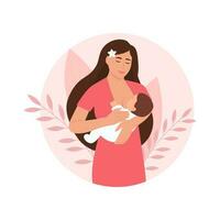 vrouw voeden een baby met borst met natuur en bladeren achtergrond. borstvoeding concept. borstvoeding geeft moeder.wereld borstvoeding geeft week. vlak vector illustratie