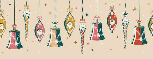 horizontaal naadloos Kerstmis patroon in retro stijl. Kerstmis kleurrijk decoraties, vector naadloos afdrukken patroon illustratie. omhulsel papier, uitnodigingen, behang, kleding stof.