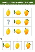 onderwijs spel voor kinderen naar Kiezen en compleet de correct afbeelding van een schattig tekenfilm citroen ster fruit of mango afdrukbare fruit werkblad vector