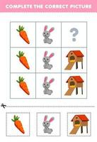 onderwijs spel voor kinderen naar Kiezen en compleet de correct afbeelding van een schattig tekenfilm wortel konijn of hok afdrukbare boerderij werkblad vector