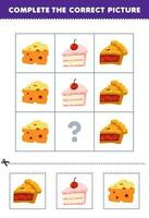 onderwijs spel voor kinderen naar Kiezen en compleet de correct afbeelding van een schattig tekenfilm taart taart of kaas afdrukbare voedsel werkblad vector