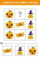 onderwijs spel voor kinderen naar Kiezen en compleet de correct afbeelding van een schattig tekenfilm maïs snoep of pompoen afdrukbare halloween werkblad vector