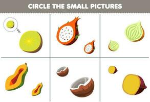 onderwijs spel voor kinderen cirkel de klein afbeelding van schattig tekenfilm plak van kiwi draak fruit ui papaja kokosnoot yam afdrukbare werkblad vector