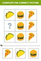 onderwijs spel voor kinderen naar Kiezen en compleet de correct afbeelding van een schattig tekenfilm pizza taco of hamburger afdrukbare voedsel werkblad vector