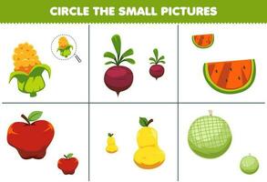 onderwijs spel voor kinderen cirkel de klein afbeelding van schattig tekenfilm maïs biet watermeloen appel Peer meloen afdrukbare werkblad vector