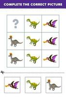 onderwijs spel voor kinderen naar Kiezen en compleet de correct afbeelding van een schattig tekenfilm ornithoceirus fukuisaurus of lambeosaurus afdrukbare dinosaurus werkblad vector