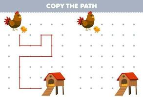 onderwijs spel voor kinderen kopiëren de pad helpen kip Actie naar de kip coop afdrukbare boerderij werkblad vector