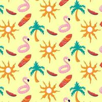 kleurrijk naadloos zomer patroon met zon, palm boom, surfplank, watermeloen plak, flamingo rubber ring vector