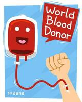 ontwerp voor wereld bloed schenker dag met schattig tekenfilm bloed zak transfusie vector