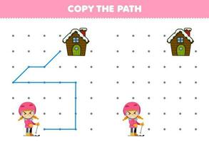 onderwijs spel voor kinderen kopiëren de pad helpen meisje spelen ski Actie naar de huis afdrukbare winter werkblad vector