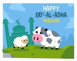 ontwerp voor eid adha mubarak met schattig tekenfilm schapen en koe illustratie vector