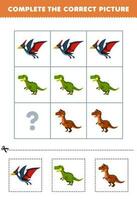 onderwijs spel voor kinderen naar Kiezen en compleet de correct afbeelding van een schattig tekenfilm pteranodon yangchuanosaurus of carnosaurus afdrukbare dinosaurus werkblad vector