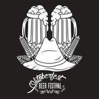 Oktoberfest-vieringsfestival met Tiroler hoed en bierkruiken op zwarte achtergrond vector