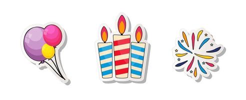verjaardagsfeestje sticker collectie ingesteld pictogram met kaarsen, ballonnen en vuurwerk. vector