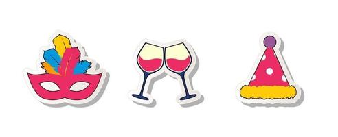 verjaardagsfeestje sticker collectie ingesteld pictogram met carnaval masker, wijnglazen en hoed. vector