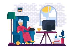 grootmoeder tv kijken in de woonkamer vector