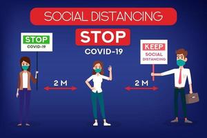 sociaal afstandsconcept mensen die een medisch masker dragen, stoppen met coronavirus covid19-preventie vector